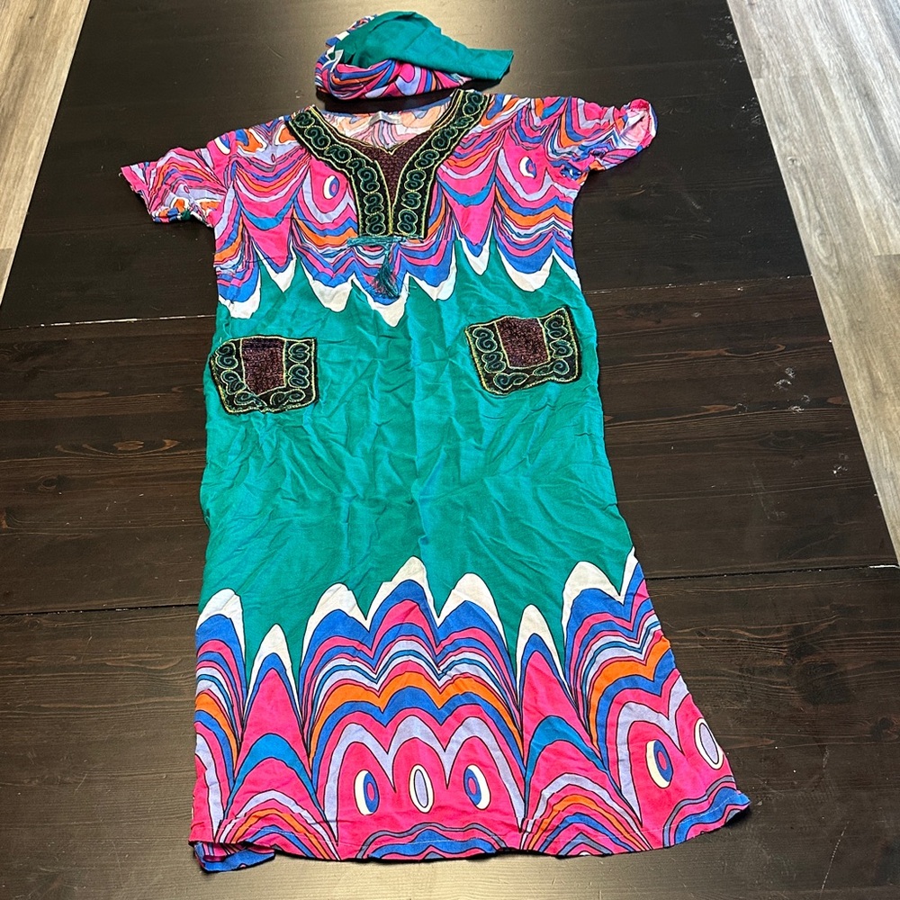 Vibrant Pink and Green Kids Dress with Headband